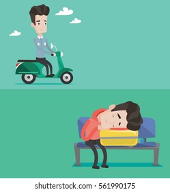 Two transportation banners with space for text. Vector flat design. Horizontal layout. Young caucasian man traveling on a scooter. Happy tourist driving a scooter. Man enjoying his trip on a scooter.