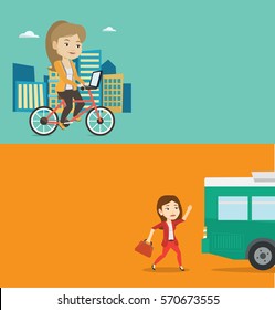 Two transportation banners with space for text. Vector flat design. Horizontal layout. Upset caucasian businesswoman running for an outgoing bus. Young sad latecomer woman running to reach a bus.