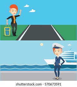 Two transportation banners with space for text. Vector flat design. Horizontal layout. Caucasian captain standing on the background of sea and cruise ship. Ship captain in uniform standing at the port