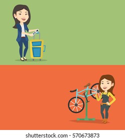 Two transportation banners with space for text. Vector flat design. Horizontal layout. Woman showing travel insurance tag. Business class passenger standing near suitcase with priority luggage tag.