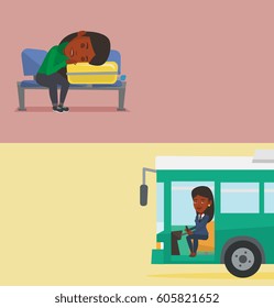 Two transportation banners with space for text. Vector flat design. Horizontal layout. Exhausted woman sleeping on suitcase at airport. African passenger waiting for flight and sleeping on suitcase.