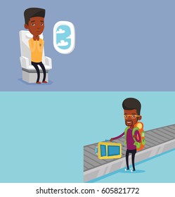 Two transportation banners with space for text. Vector flat design. Horizontal layout. African man picking up suitcase on luggage conveyor belt at airport. Passenger taking luggage at conveyor belt.