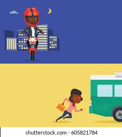 Two transportation banners with space for text. Vector flat design. Horizontal layout. Upset african-american businesswoman running for an outgoing bus. Sad latecomer woman running to reach a bus.