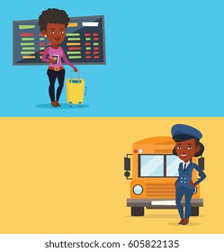 Two transportation banners with space for text. Vector flat design. Horizontal layout. African-american woman waiting for a flight at the airport. Young pssenger holding passport and airplane ticket.