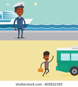 Two transportation banners with space for text. Vector flat design. Horizontal layout. African businessman running to catch bus. Businessman running for an outgoing bus. Latecomer man chasing a bus.