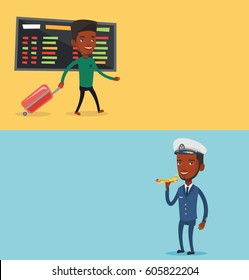Two transportation banners with space for text. Vector flat design. Horizontal layout. Passenger with suitcase walking on the background of schedule board in airport. Mn pulling suitcase in airport.
