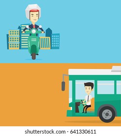 Two transportation banners with space for text. Vector flat design. Horizontal layout. Young asian bus driver sitting at steering wheel. Man driving passenger bus. Man driver driving intercity bus.