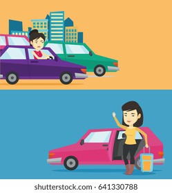 Two transportation banners with space for text. Vector flat design. Horizontal layout. Angry asian car driver stuck in a traffic jam. Irritated young woman driving a car in a traffic jam and honking.