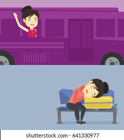 Dos carteles de transporte con espacio para texto. Diseño plano vectorial. Diseño horizontal. Pasajero asiático exhausto durmiendo en una maleta en el aeropuerto. Mujer esperando un vuelo y durmiendo en una maleta.
