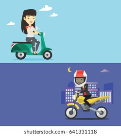 Two transportation banners with space for text. Vector flat design. Horizontal layout. Asian woman in helmet riding a motorcycle on the background of night city. Woman riding a motorcycle at night.