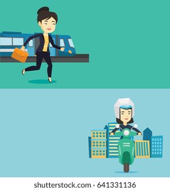 Two transportation banners with space for text. Vector flat design. Horizontal layout. Young asian woman riding a scooter on a city background. Woman in helmet driving a scooter in the city street.