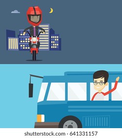 Two transportation banners with space for text. Vector flat design. Horizontal layout. Asian man enjoying his trip by bus. Man waving from bus. Passenger peeking out of bus window and waving hand.