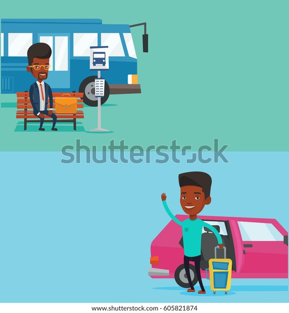Two transportation banners with space for text.\
Vector flat design. Horizontal layout. Man with suitcase standing\
in front of car with open door. Man traveling by car. Man waving in\
front of car.