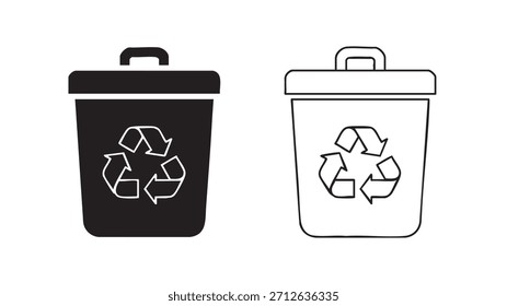 Dos botes de basura con un símbolo de reciclaje. Uno es negro y el otro es blanco