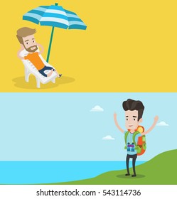 Two travel banners with space for text. Vector flat design. Horizontal layout. Man sitting in a chaise longue on the beach. Young happy man resting on holiday while sitting under umbrella on the beach