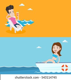 Two travel banners with space for text. Vector flat design. Horizontal layout. Young woman travelling by yacht. Smiling girl sitting on the front of yacht. Girl resting during summer trip on yacht.