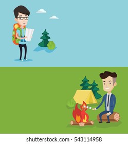 Two travel banners with space for text. Vector flat design. Horizontal layout. Businessman sitting on a log near campfire and roasting marshmallow over campfire on the background of camping site.