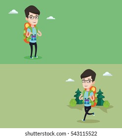 Two travel banners with space for text. Vector flat design. Horizontal layout. Hiking caucasian man standing with backpack and binoculars. Backpacker walking outdoor. Backpacker traveling in nature.