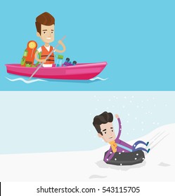 Two travel banners with space for text. Vector flat design. Horizontal layout. Cheerful man traveling by kayak. Young man having fun on a snowy day while sledding on snow rubber tube in the mountains.