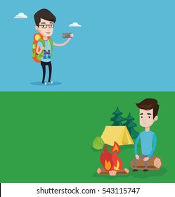 Two travel banners with space for text. Vector flat design. Horizontal layout. Travelling man sitting on log near campfire on the background of camping site. Young caucasian man resting near campfire.