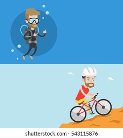 Dos carteles de viaje con espacio para texto. Diseño plano vectorial. Diseño horizontal. Hombre hipster extremo montando en bicicleta de montaña. Joven caucásico con casco viajando en las montañas en bicicleta de montaña