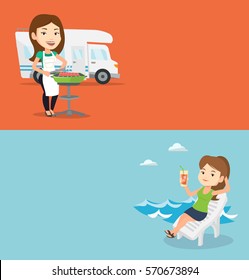 Two travel banners with space for text. Vector flat design. Horizontal layout. Caucasian woman cooking steak on the barbecue grill on the background of camper van. Young woman travelling by camper van