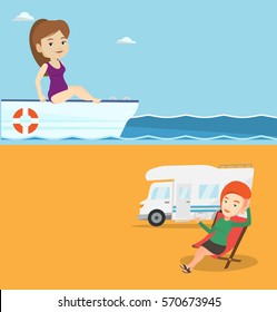 Two travel banners with space for text. Vector flat design. Horizontal layout. Caucasian woman travelling by yacht. Woman tanning on yacht during summer trip. Woman sitting on the front of yacht.