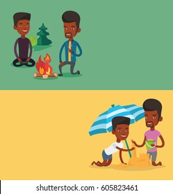 Two travel banners with space for text. Vector flat design. Horizontal layout. Two happy friends sitting around campfire. Group of young friends having fun in camping. Tourists relaxing near campfire.