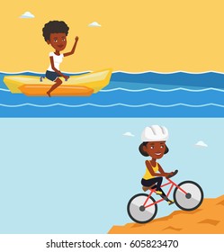 Two travel banners with space for text. Vector flat design. Horizontal layout. African tourist riding a banana boat and waving hand. Woman having fun on banana boat. Woman enjoying ride on banana boat