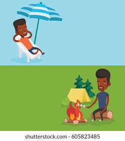 Two travel banners with space for text. Vector flat design. Horizontal layout. African-american man sitting on a beach chair. Young man resting on holiday while sitting under umbrella on beach chair.