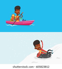 Two travel banners with space for text. Vector flat design. Horizontal layout. African-american man riding in a kayak in the river. Man with skull in hands traveling by kayak. Young kayaker paddling.