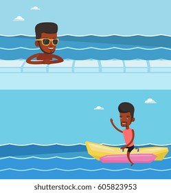Two travel banners with space for text. Vector flat design. Horizontal layout. African-american man relaxing in swimming pool at resort. Man bathing in swimming pool. Cheerful man in swimming pool.