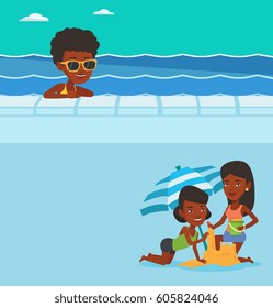 Zwei Reisebanner mit Platz für Text. Vektorflachdesign. Horizontales Layout. Frauen, die Sandburg am Strand bauen. Frauen bauen Sandburg unter einem Sonnenschirm. Konzept des Tourismus und des Strandurlaubs