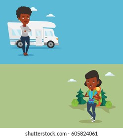 Dos carteles de viaje con espacio para texto. Diseño plano vectorial. Diseño horizontal. Mujer africana disfrutando de sus vacaciones en casa motora. Mujer parada frente a la casa de motor. Mujer viajando en auto a casa.