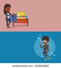 Two travel banners with space for text. Vector flat design. Horizontal layout. Woman packing clothes in suitcase. African-american woman putting a jacket into a suitcase. Woman preparing for vacation.