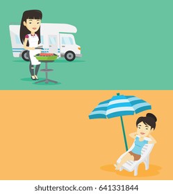 Two travel banners with space for text. Vector flat design. Horizontal layout. Asian woman sitting on a beach chair. Young woman resting on holiday while sitting under umbrella on a beach chair.