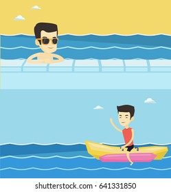 Two travel banners with space for text. Vector flat design. Horizontal layout. Happy smiling man relaxing in swimming pool at resort. Young man bathing in swimming pool. Cheerful guy in swimming pool.