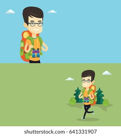Dos carteles de viaje con espacio para texto. Diseño plano vectorial. Diseño horizontal. Caminando a un asiático con mochila y binoculares. Jóvenes mochileros caminando al aire libre. Mochilero viajando en la naturaleza.