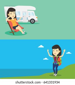 Two travel banners with space for text. Vector flat design. Horizontal layout. Asian backpacker standing on the cliff and celebrating success. Young backpacker with raised hands enjoying the scenery.
