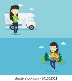 Two travel banners with space for text. Vector flat design. Horizontal layout. Caucasian woman enjoying her vacation in motor home. Woman standing in front of motor home. Woman traveling by motor home