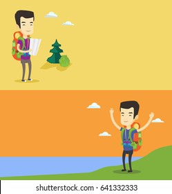 Zwei Reisebanner mit Platz für Text. Vektorflachdesign. Horizontales Layout. Kaukasischer Reisender, der die Karte erkundet. Reisende mit Rucksack Blick auf Karte. Reisende, die auf einer Karte die richtige Richtung suchen.