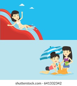 Two travel banners with space for text. Vector flat design. Horizontal layout. Woman riding down a waterslide at aquapark. Woman having fun on a water slide in waterpark. Girl going down a water slide