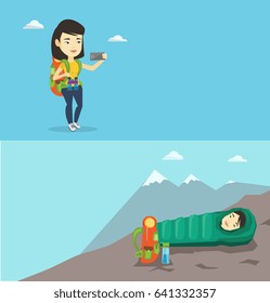 Two travel banners with space for text. Vector flat design. Horizontal layout. Asian tourist making selfie. Tourist with backpack taking selfie with cellphone. Tourist taking selfie during summer trip