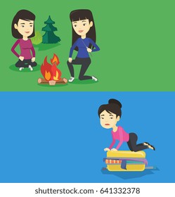 Two travel banners with space for text. Vector flat design. Horizontal layout. Two asian friends sitting around campfire. Group of young friends having fun in camping. Tourists relaxing near campfire.
