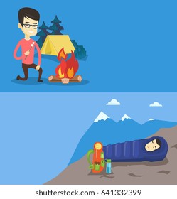 Two travel banners with space for text. Vector flat design. Horizontal layout. Hiking man sleeping in a sleeping bag while camping in the mountains. Young asian man wrapped up in a mummy sleeping bag.