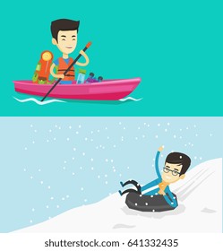 Two travel banners with space for text. Vector flat design. Horizontal layout. Cheerful asian man traveling by kayak. Man riding in a kayak with skull in hands and some tourist equipment behind him.