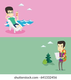 Two travel banners with space for text. Vector flat design. Horizontal layout. Asian man drinking a cocktail on a beach chair. Man sitting on a beach chair. Man resting on a beach chair with cocktail.