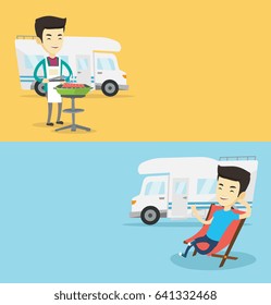 Two travel banners with space for text. Vector flat design. Horizontal layout. Man cooking barbecue on the background of camper van. Man travelling by camper van. Man enjoying vacation in camper van.