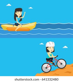 Two travel banners with space for text. Vector flat design. Horizontal layout. Tourists riding a banana boat and waving hand. Asian woman having fun on banana boat. Woman enjoying summer vacation.