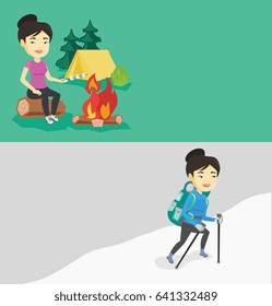 Two travel banners with space for text. Vector flat design. Horizontal layout. Mountaneer climbing a snowy ridge. Hiker climbing a mountain. Mountaineer with backpack walking up along a snowy ridge.